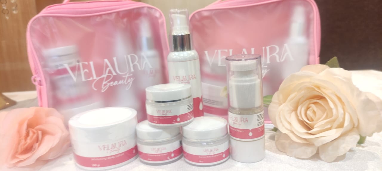 enam produk unggulan Velaura Beauty, Lotion Night, Day Cream, Sunscreen, Facial Wash, Serum, dan Krim Malam.