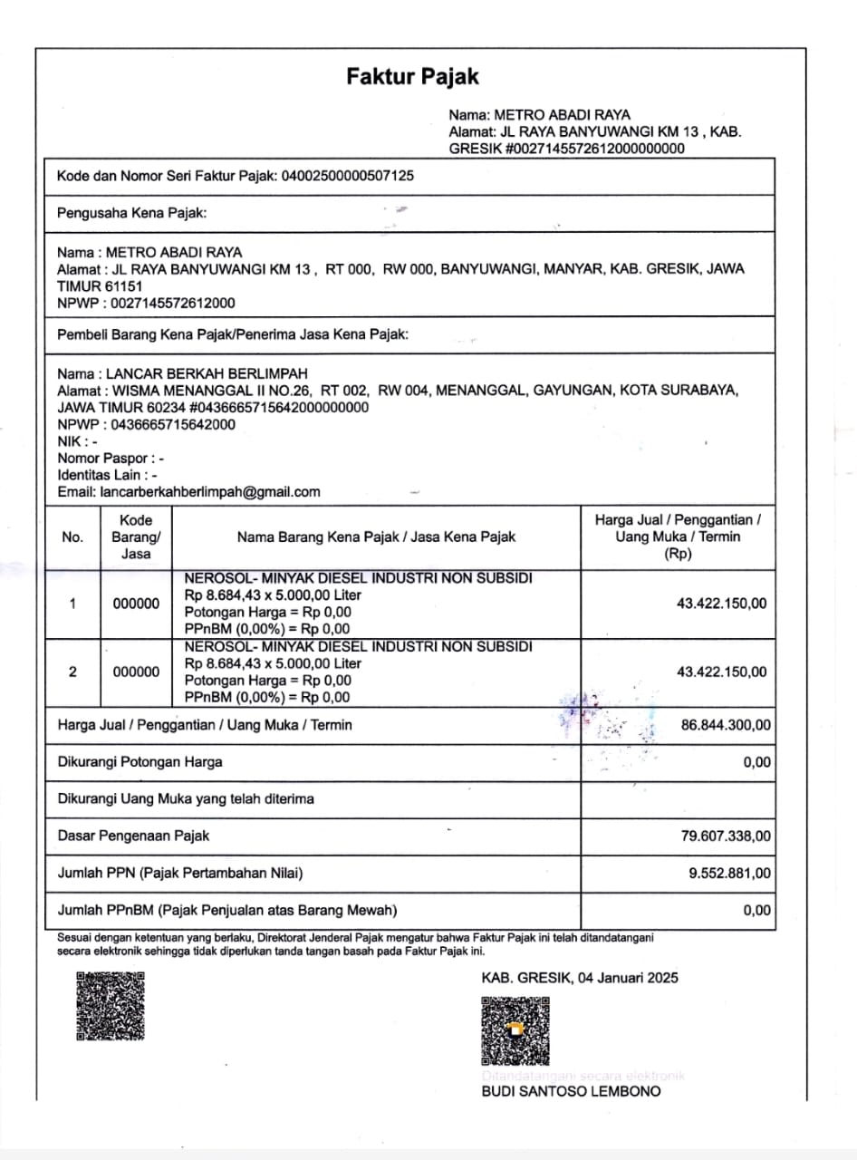 faktur pajak penjualan solar industri