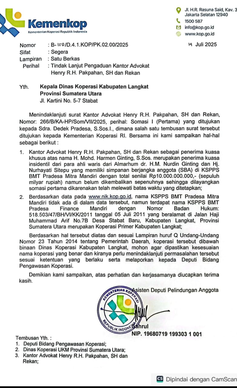 surat resmi dari Kementerian Koperasi dan UKM Republik Indonesia