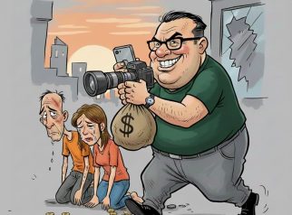 Karikatur seorang oknum wartawan membawa uang dan bernegosiasi dengan keluarga tersangka, sementara bayangan polisi mengawasi dari belakang.