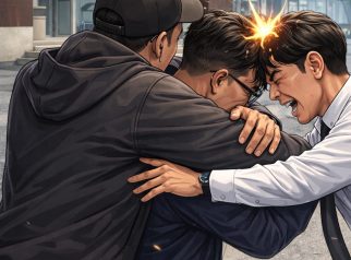 Ilustrasi tiga pria berdiskusi serius di luar gedung kejaksaan mengenai tunggakan kredit