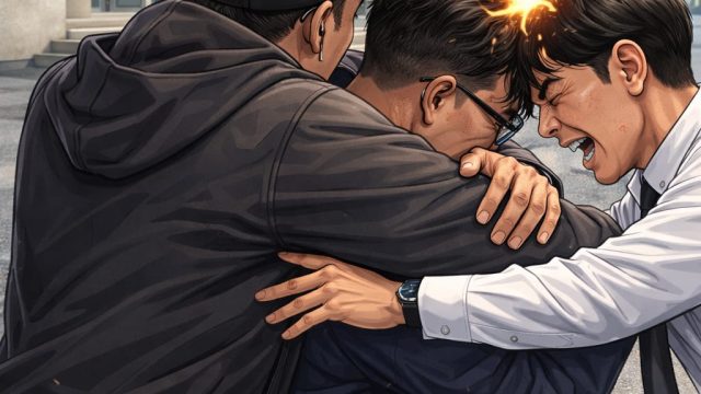 Ilustrasi tiga pria berdiskusi serius di luar gedung kejaksaan mengenai tunggakan kredit