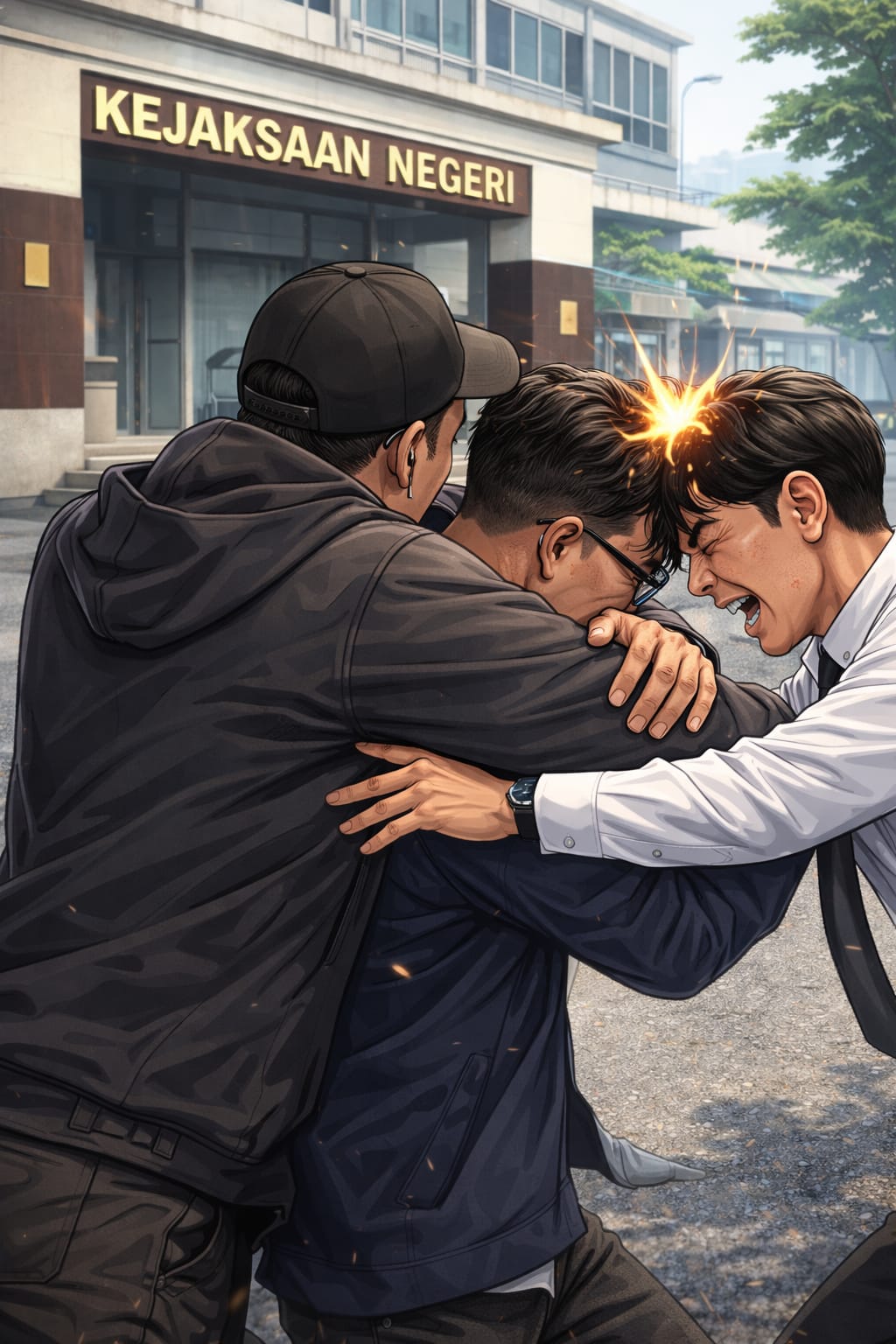 Ilustrasi tiga pria berdiskusi serius di luar gedung kejaksaan mengenai tunggakan kredit