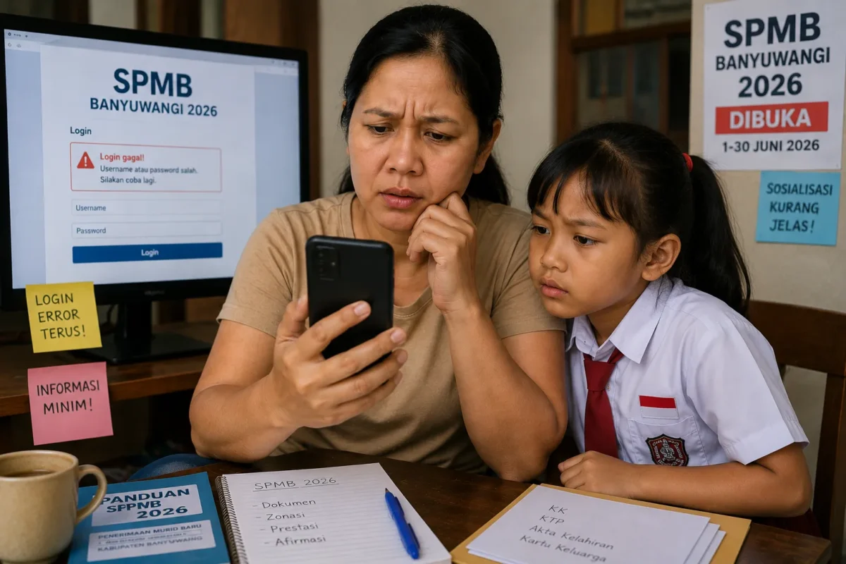 Wali murid mengakses sistem SPMB Banyuwangi 2026 melalui ponsel di tengah keluhan login error dan minim sosialisasi.