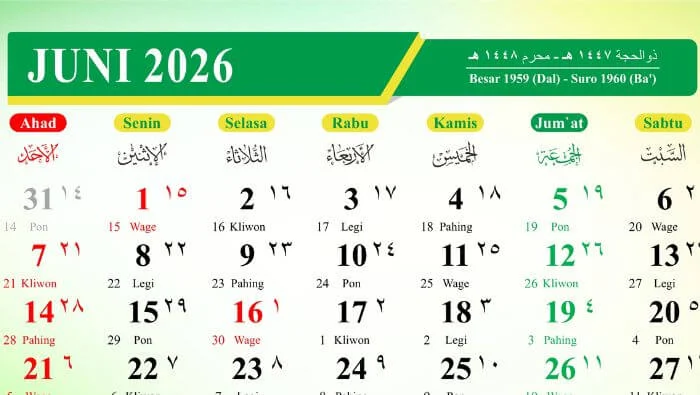Kalender Jawa Juni 2026: Weton, Nilai Neptu, dan Pasaran yang Wajib Diketahui