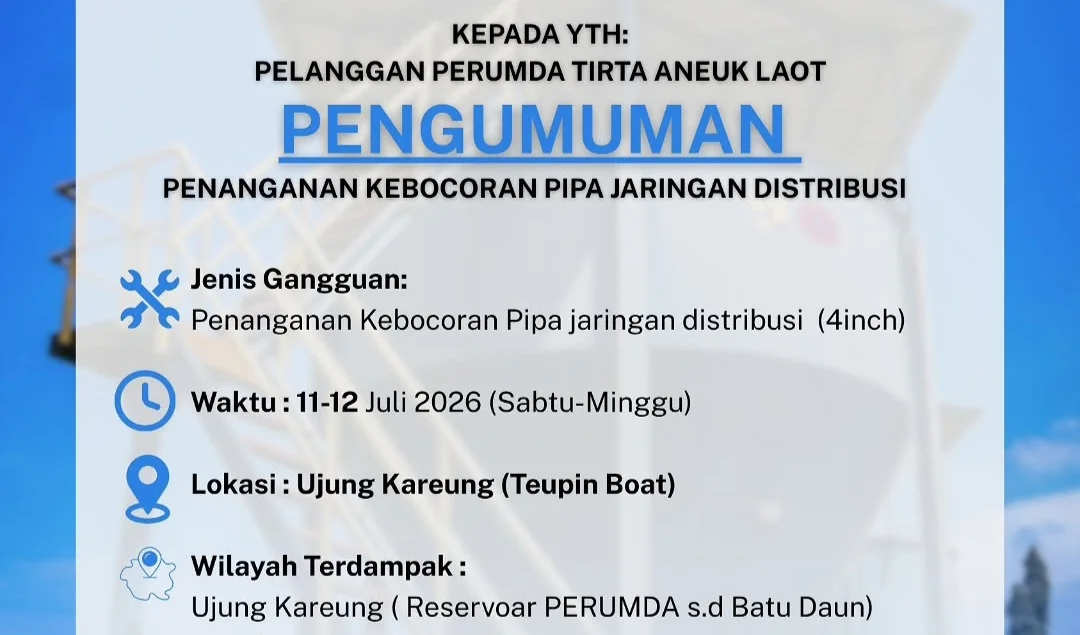 Gangguan Pasokan Air PDAM di Sabang: Perbaikan Pipa Bocor dan Dampaknya bagi Masyarakat