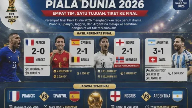 Semifinal Piala Dunia 2026: Prancis vs Spanyol dan Inggris vs Argentina, Saksikan Eksklusif di TVRI Sport