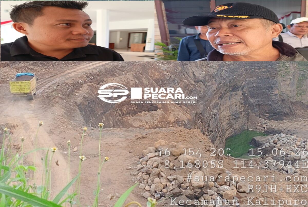 Objek yang diduga menjadi lokasi aktivitas pertambangan di Kelurahan Klatak, Kecamatan Kalipuro, Banyuwangi, dengan foto kuasa hukum MN Nanang Slamet SH dan perwakilan penggugat Abdillah Rafsanjani pada kolase gambar.