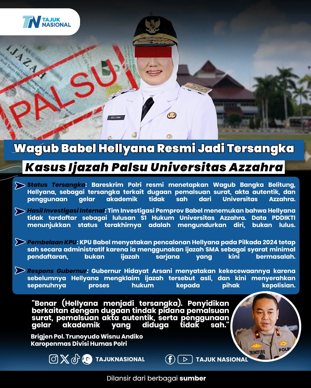Kasus Dugaan Ijazah Palsu Hellyana, Wagub Bangka Belitung, Segera Disidangkan