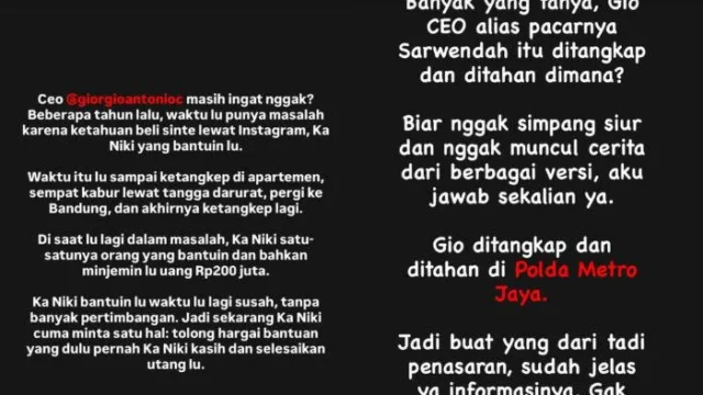 Nikita Mirzani Tagih Utang Rp200 Juta ke Giorgio Antonio Terkait Kasus Narkoba