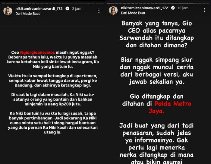 Nikita Mirzani Tagih Utang Rp200 Juta ke Giorgio Antonio Terkait Kasus Narkoba